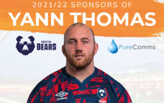 Graphic poster promoting PureComms sponsorship of Bristol Bears player Yann Thomas for the 2021/22 season
